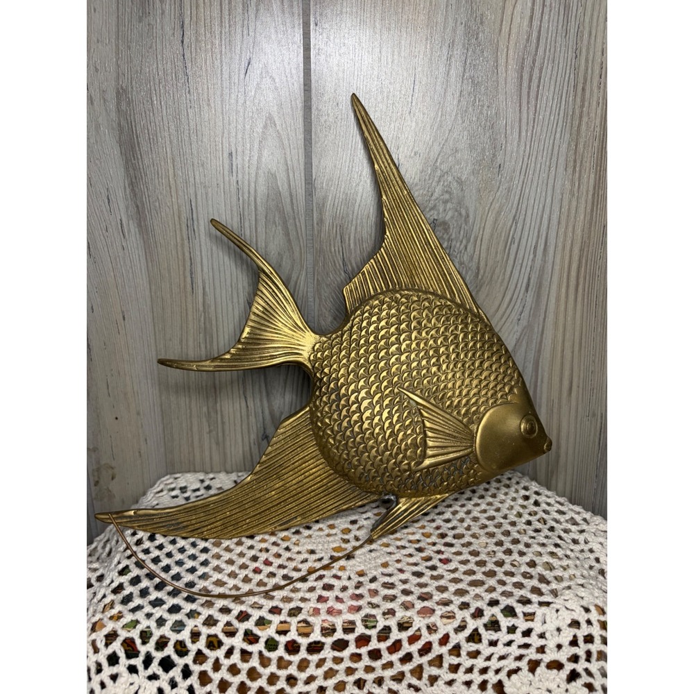 Vintage Brass Angelfish Wall Hanging Decor Mid Century Modern Coastal Nautical
